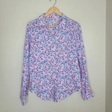 Lilly Pulitzer Sea View Linon Button Down Top Shirt Fun Sun Repeat Ditzy Sz L