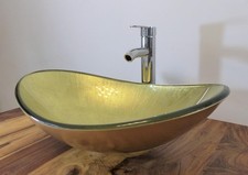 Aufsatz Glas Waschbecken OVAL gold Waschtisch Set Waschschale Siphon Armatur NEU