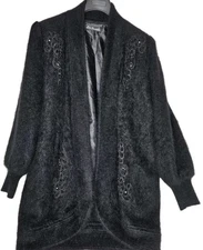 Lee Sands Womens Korean Angora Cardigan Sweater, Size Large, Black