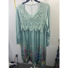 Mint Green Crochet Lace Floral Butterfly Print Long Sleeve Tunic Dress Boho L