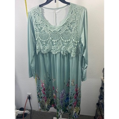 Mint Green Crochet Lace Floral Butterfly Print Long Sleeve Tunic Dress Boho L