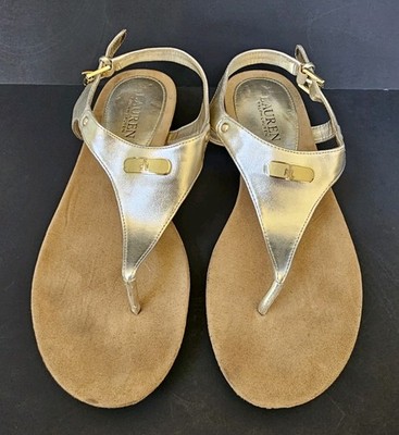 LAURE  Ralph Lauren ''Kacy'' Gold Metallic  Logo Ankle Strap Thong Sandals Size 8B