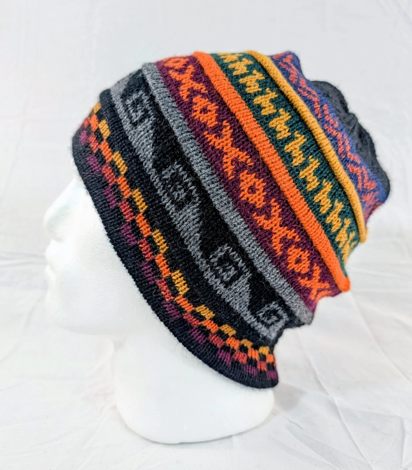 Soft Baby Alpaca Beanie Reversible Black Blue Unisex Colorful Boho Llama Peru