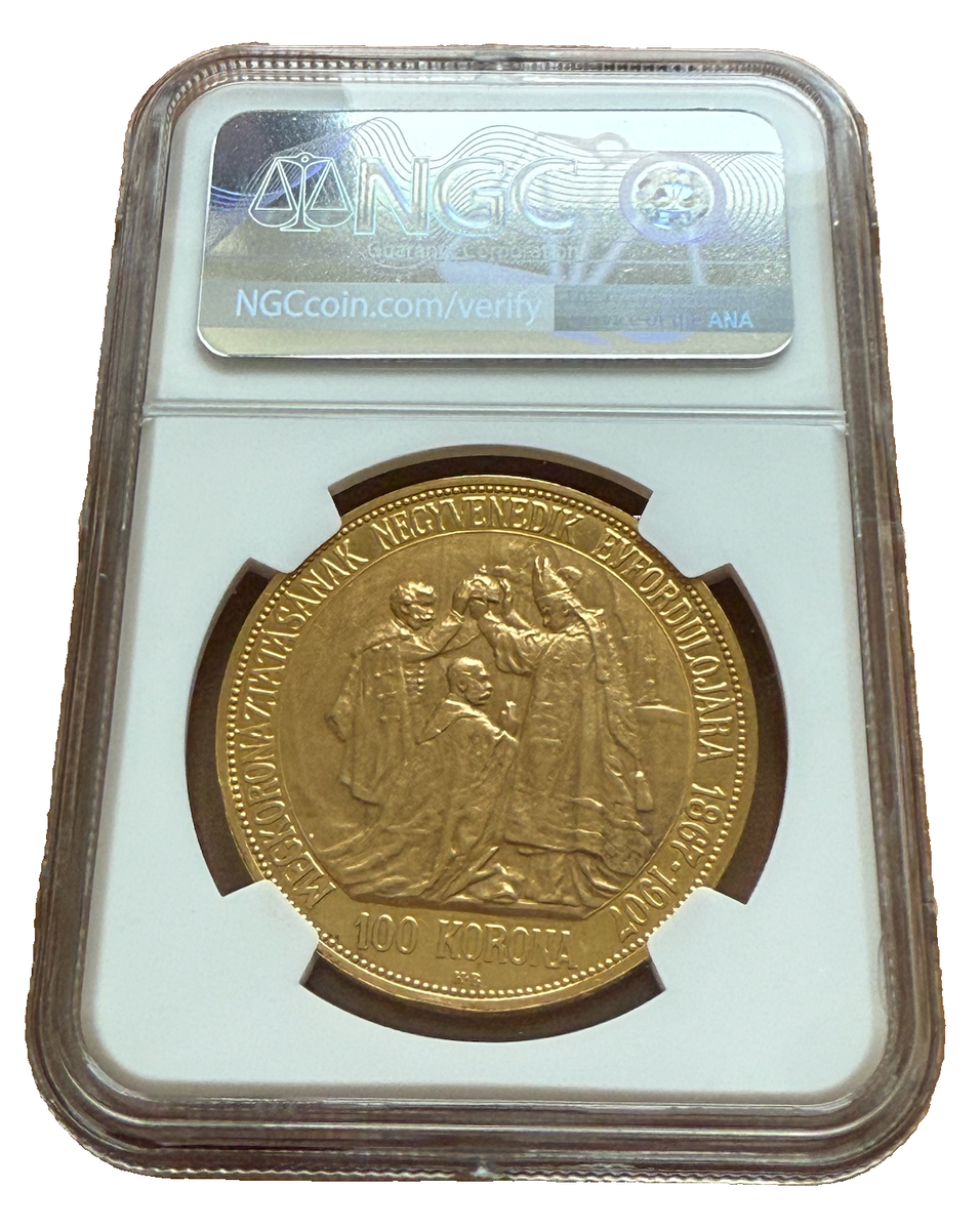 Hungary 1907 KB Gold 100 Corona NGC MS62 Coronation Anniversary