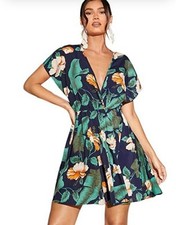 Women Tropical Mini Dress Sz L/10 Banana Leaf Hibiscus Plunging Neckline Deep V