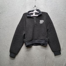 PINK Victoria's Secret Women Sweatshirt M Black Fleece Crop Patch Zipper Logo
