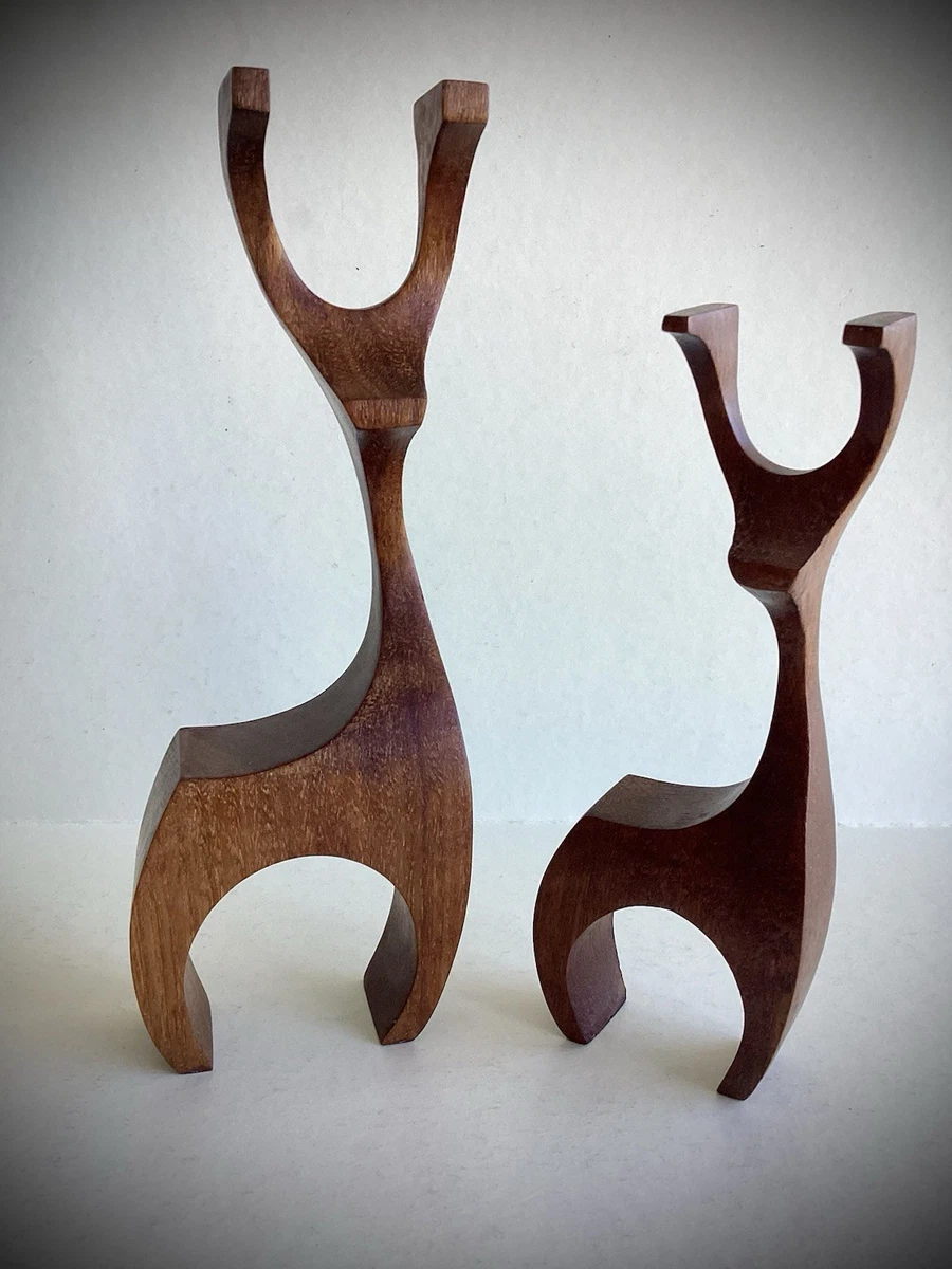 Danish Vintage Mid Century Carved Wooden Teak Reindeer Sculptures