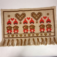 Swedish Cross Stitch Christmas Tapestry Wall Hanging Red Gingerbread Hearts Elf