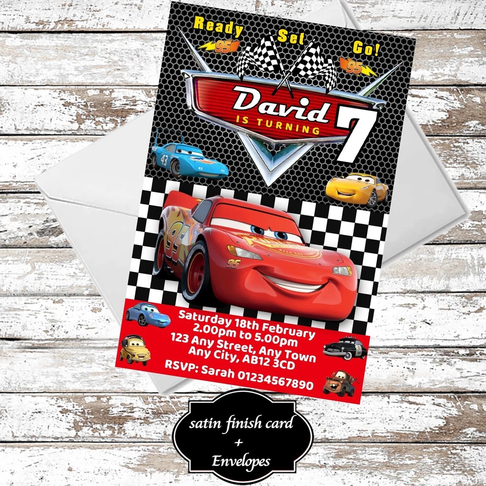 TOPACAKE 10 PERSONALISED LIGHTNING MCQUEEN BIRTHDAY PARTY INVITATIONS WITH ENVELOPES