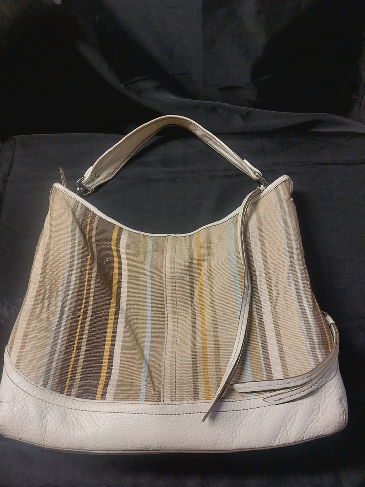 Vintage Eddie Bauer Leather & Neutral Earthtone Striped Canvas Hobo Boho Purse - Image 2 of 4