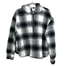 Joie Women Fleece Plaid Hooded Sweater Quarter Zip Pockets Black White Size M/M