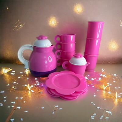 Toy Play Kitchen Dinnerware Plastic 13 Piece Set Pink Teapot W Lid
