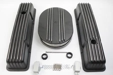 58-86 Chevy SBC 350 Black Retro Finned Tall Valve Covers w/ 15" Air Cleaner Kit