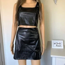 Black Faux Leather Crop Tank and Skirt 2pc Set Olive + Oak Black Mini Skirt Sz S