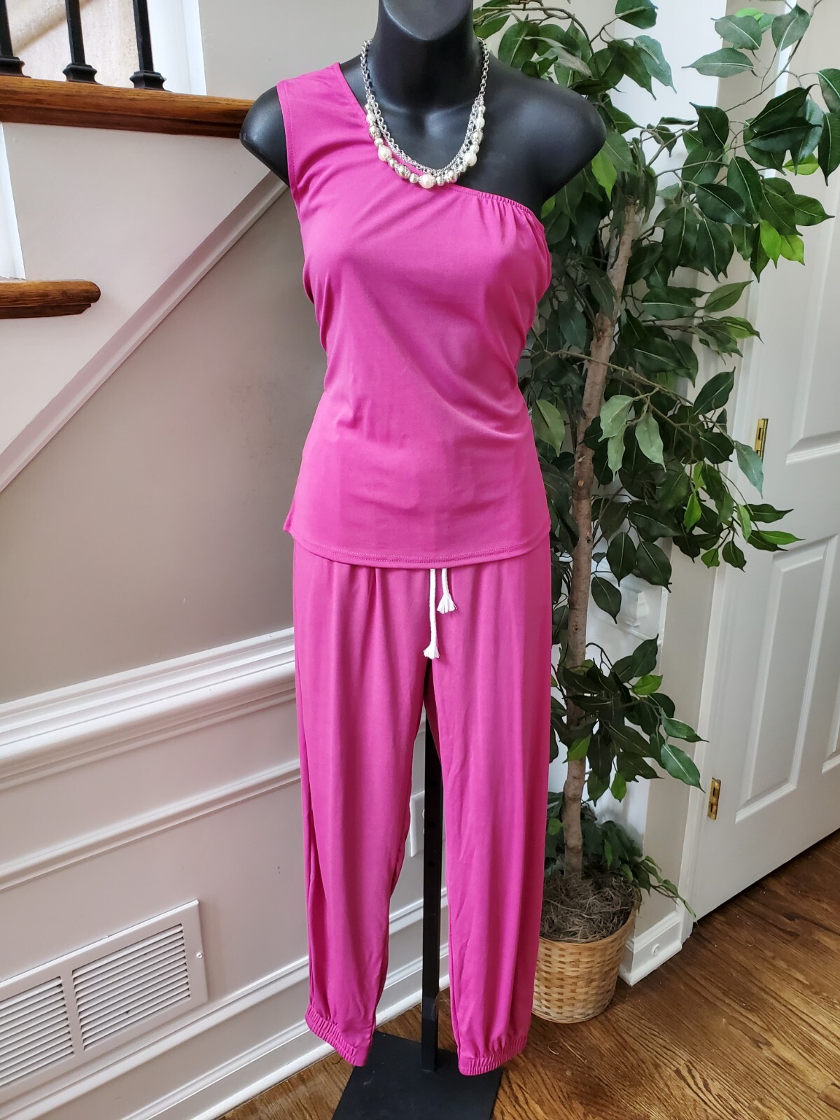 Women's Solid Pink Polyester One Shoulder Off Top… - image 1