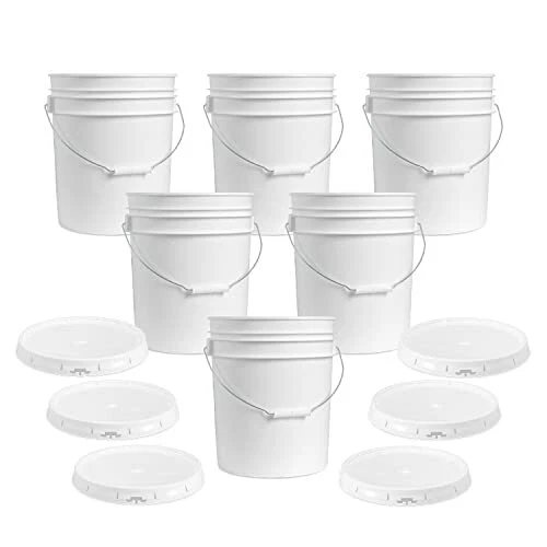 5 Gallon White Bucket & Lid 90 Mil All Purpose Pail BPA Free 6 Pieces Food  Grade