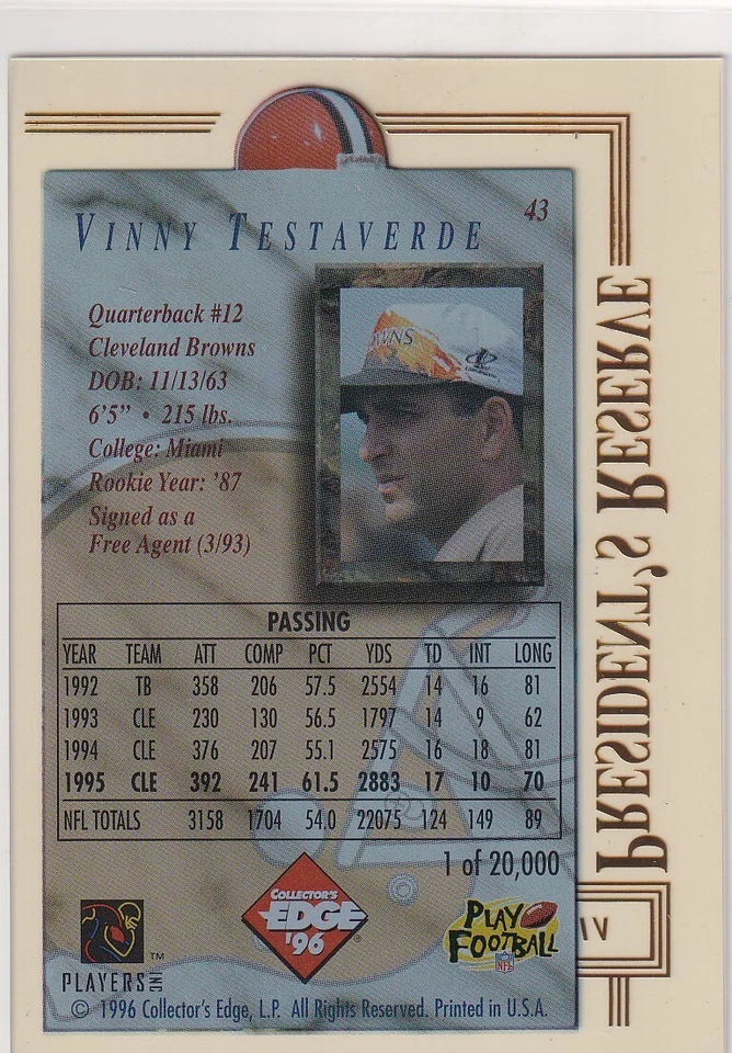 1996 COLLECTOR'S EDGE PRESIDENT'S RESERVE VINNY TESTAVERDE BROWNS /20000 (MH)62 - Image 2 of 2