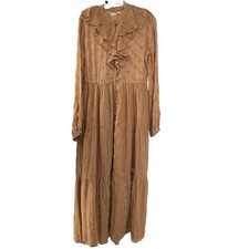 DOEN Women Maxi Dress Ruffle Tiered Tan Brown Cotton Silk Small NWOT