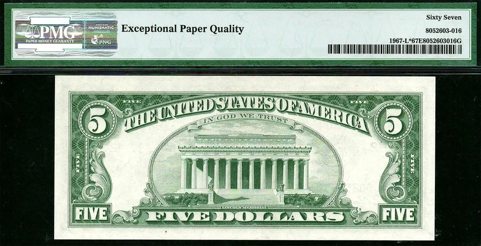 1963* 1967-L* $5 San Francisco STAR Federal Reserve Note • PMG 67 EPQ • *POP 3/1 - Image 3 of 3
