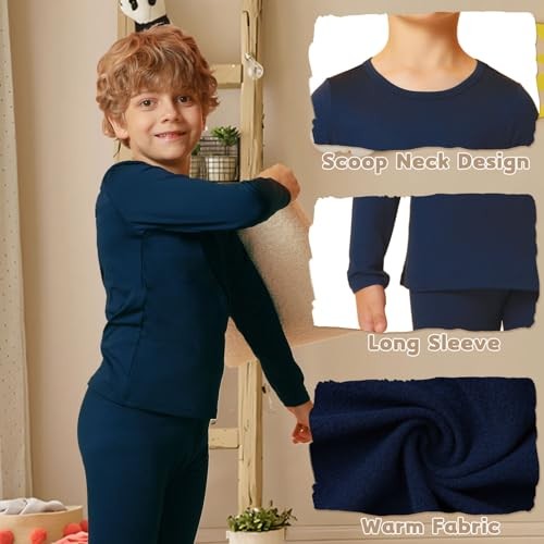 Boy's Thermal Underwear Top Kid’s Winter Base Layer Fleece Lined Medium Navy - Picture 5 of 6