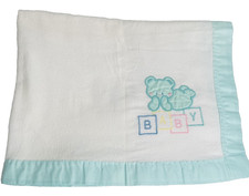 Vintage Cuddle Time Baby Blanket Bear Building Blocks Applique White Aqua Trim