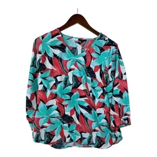 Talbots Petites Tropical Print V-Neck Tie Sleeve Blouse Size Medium Petite