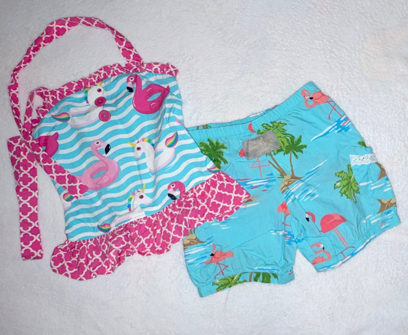 Eleanor Rose Liliana Girls Tankini Set Size 6-7 Blue Flamingo Unicorn 2pc