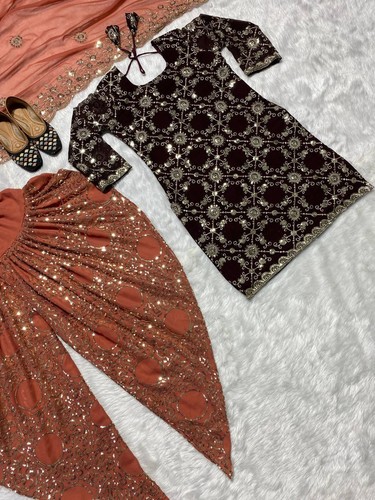 TRAJE DE BOLLYWOOD PAQUISTANÍ INDIO BODA DHOTI TOP SALWAR KAMEEZ VESTIDO DE FIESTA - Imagen 8 de 9