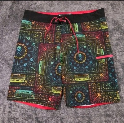 Sullen Art Collective Mens Black Skull Car Lowrider Board Shorts Swim Trunks 36