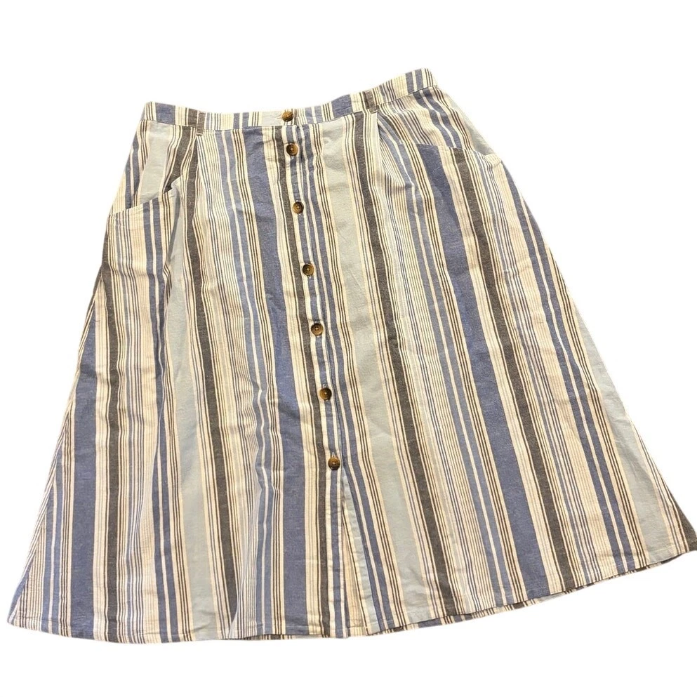 St. John's Bay Blue White Striped Cotton Linen Pockets A-Line Skirt 2X Comfort