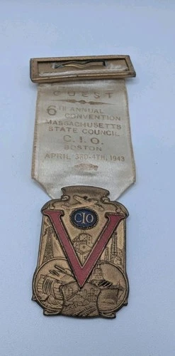 Vintage 1943 CIO Convention Ribbon Badge WWII V for Victory Tank Warship Boston - product listing photo