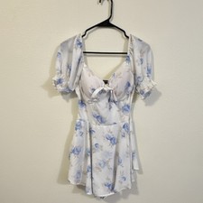 Justify Floral Mini Dress Puff Sleeve Bow Ruffle White Blue Fit & Flare Size M