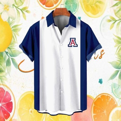 Ariz0na Wildcats NCAA White and Navy Blue Block Panel Bowling Hawaiian Shirt