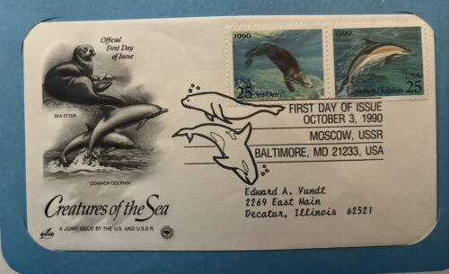 1990 Sea Otter Dolphin Creatures Of The Sea First Day Cover Stamp - Picture 1 of 2