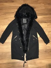 Ladies Size 10 River Island Black Lingline Jacket Coat Parka Faux Fur Hood Trim
