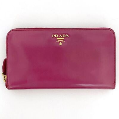 nyalon ○Prada Round Zipper Long Wallet Pink 1M0506 Ec-19896 Leather Gold