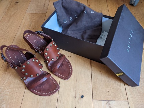 Celine Brown Tan Gladiator Sandals Heels 5 38 open toe | eBay