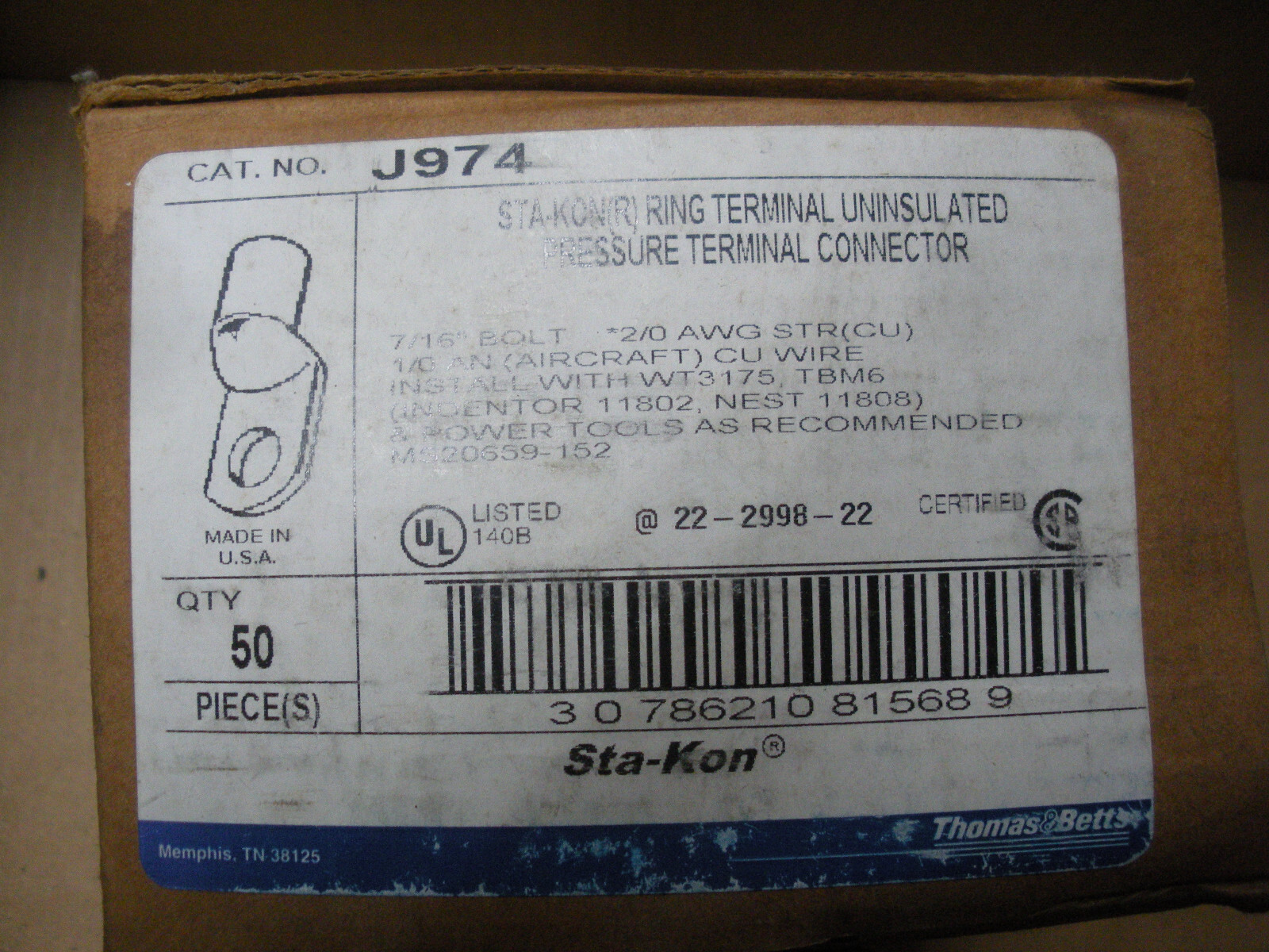 2/0 compression lug crimp ring lot of 50 per box non insulated 4 lots available