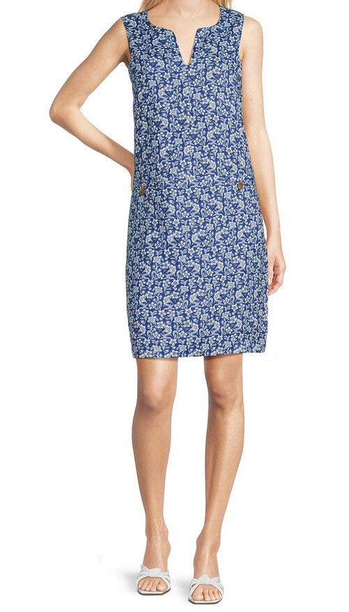 J. MCLAUGHLIN RUE DRESS 100% LINEN SHIFT SLEEVELESS FLORAL BLUE