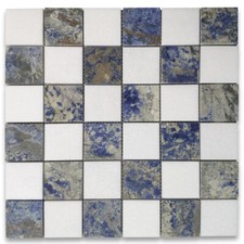 T256XH Thassos White Azul Macaubas Blue Marble Checkerboard Mosaic Tile Honed