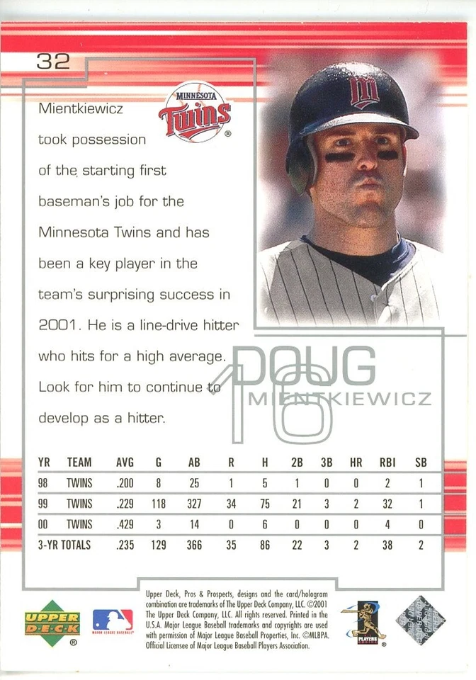 2001 Upper Deck Pros & Prospects - #32 Doug Mientkiewicz - Image 2 of 2