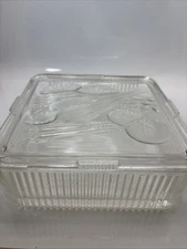Federal Glass 8” Square Refrigerator Ribbed Dish Lid Embossed Vegetables VTG