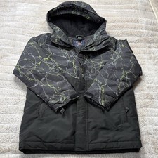 Childrens Place Winter Jacket Hooded Coat Black w/Green Marble Medium 7/8