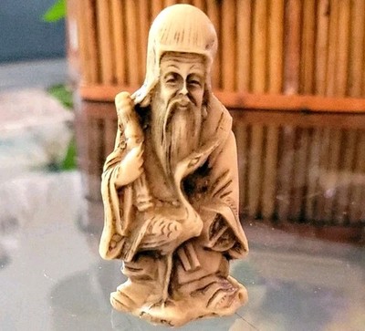 Netsuke Japanese Figurine Sculpture Man with Bird, Makers mark Vtg-antique