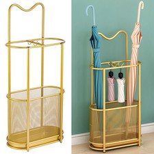 Golden Metal Umbrella Holder Stand with Drip Tray, Walking Stick Storage Rack 