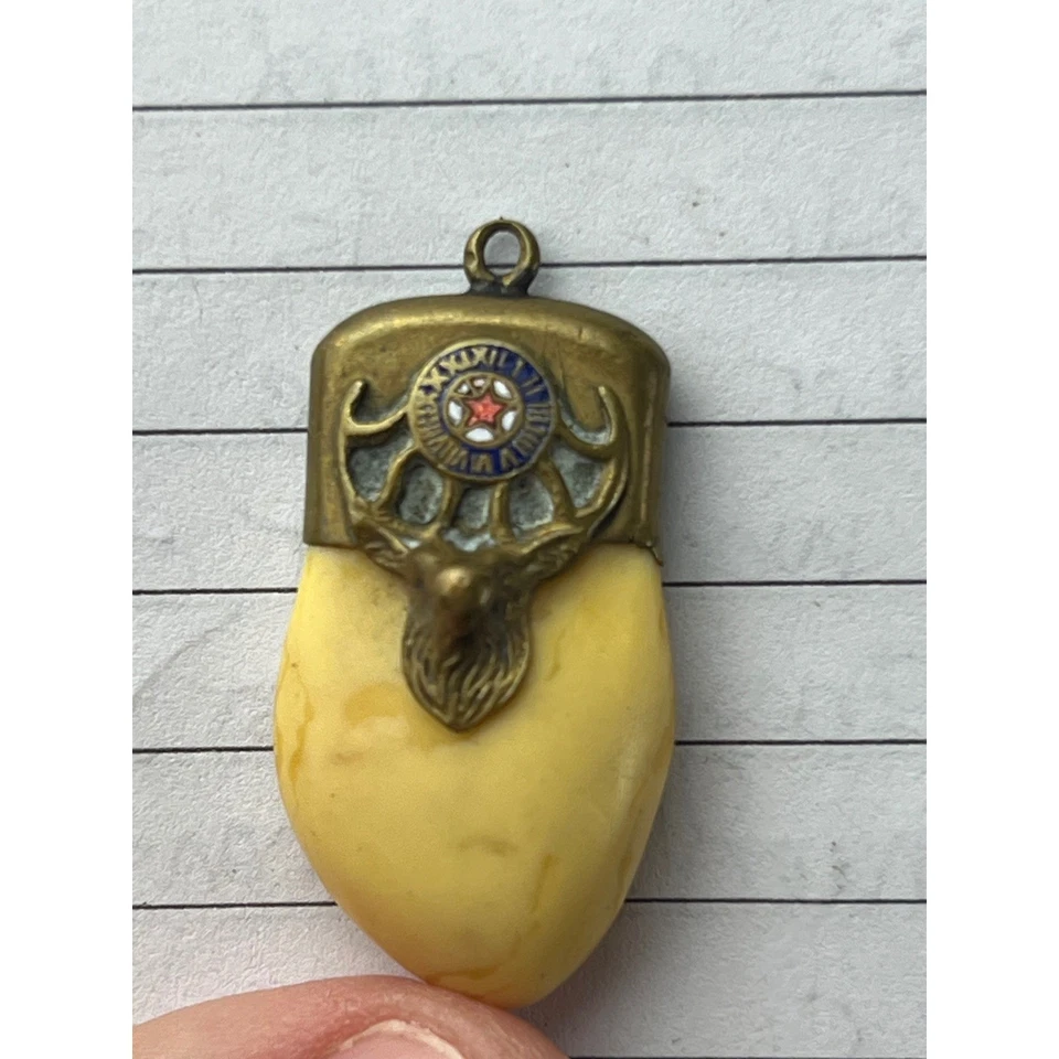 Antique 14k Gold Elks Club Lodge  B.P.O.E. Tooth Fob Pendant Elk Emblem Red Star - Image 2 of 4