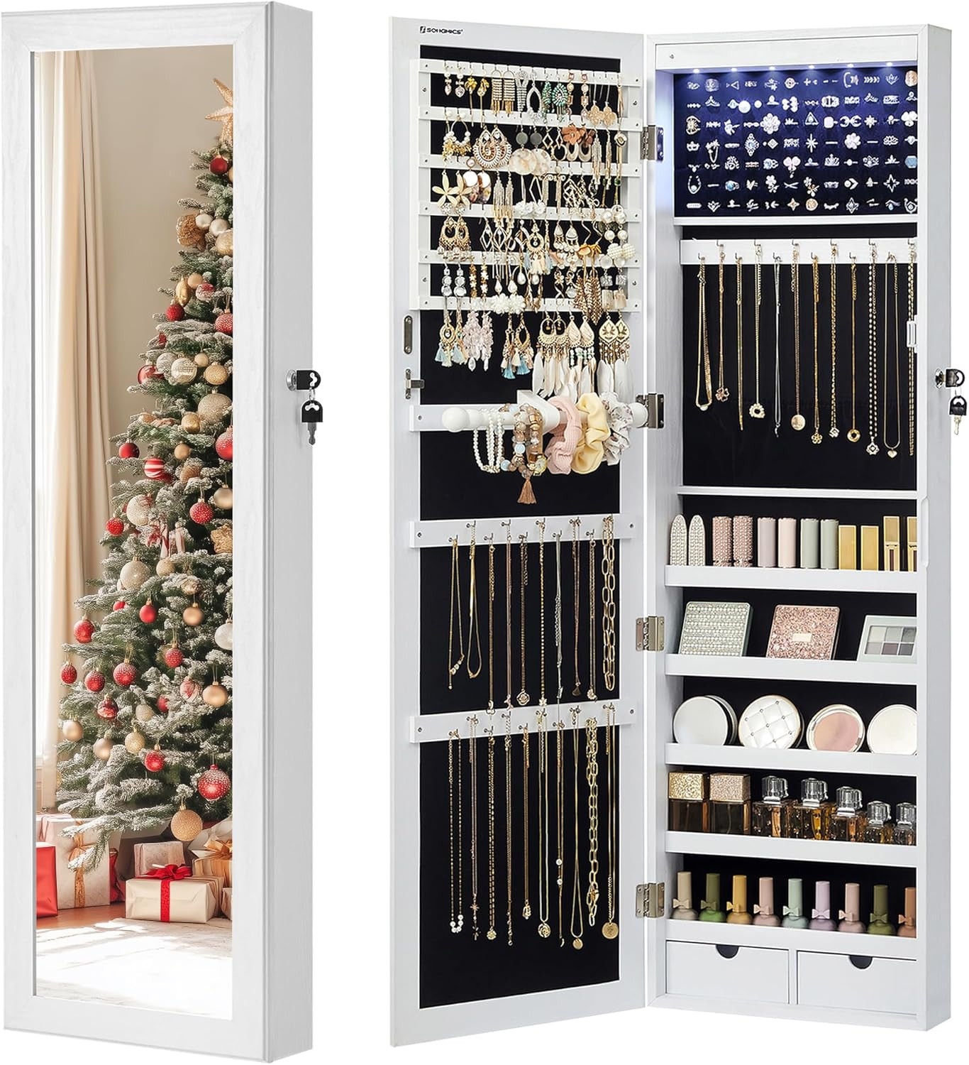 Idea Regalo: Specchio Portagioie LED 120cm - Mobiletto Gioielli Bianco