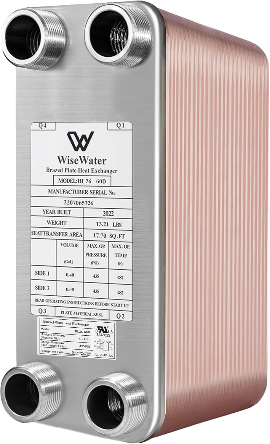 Plate Heat Exchanger, 4"X 12" 60 Plates Water to Water Heat Exchanger, Coppe