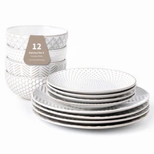 12 Piece Embossed Dinnerware Sets for 4, Elegant Plates and Bowls Sets, Micro...