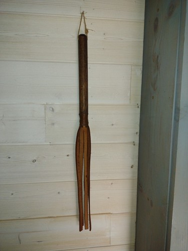 24" Vintage Leather Fringe Whip with wood handle. Excellent Condition, hand made